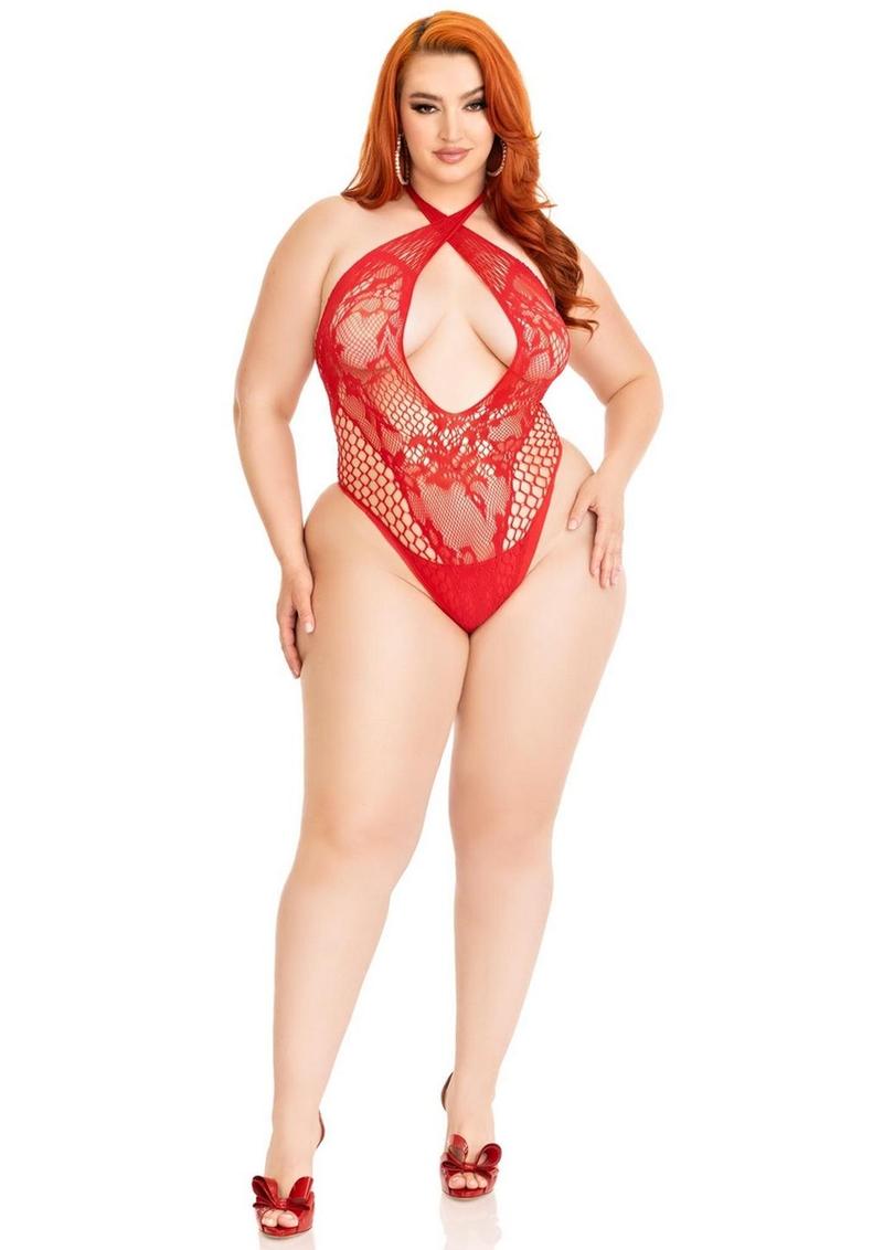 Leg Avenue Lace and Net Keyhole Crossover Halter Teddy - 1x/2x - Red - One Size