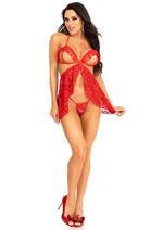 Leg Avenue Lace Flyaway Babydoll with Ruffle Peek-A-Boo Cups and Lace G-String - Red - Large - 2 Piece