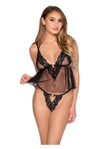 Leg Avenue Lace Trimmed Sheer Babydoll with Rosette Accent and Matching Lace Panty - Black - Medium - 2 Piece
