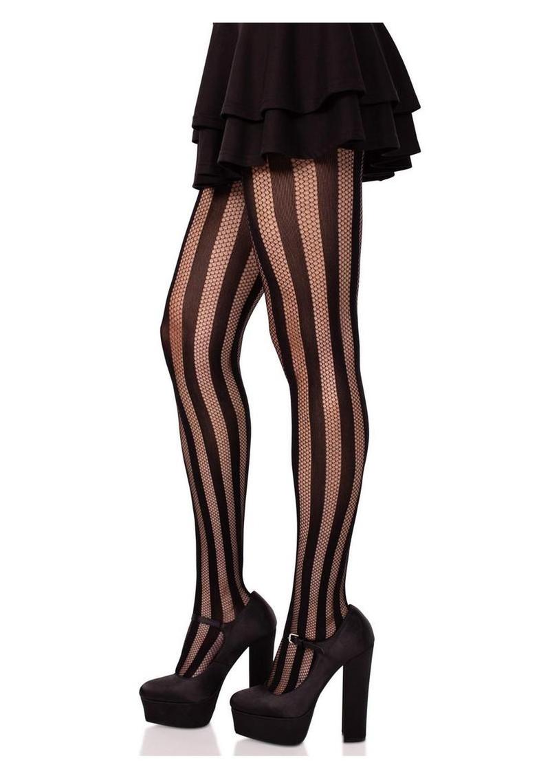 Leg Avenue Net and Opaque Striped Tights - Black - One Size
