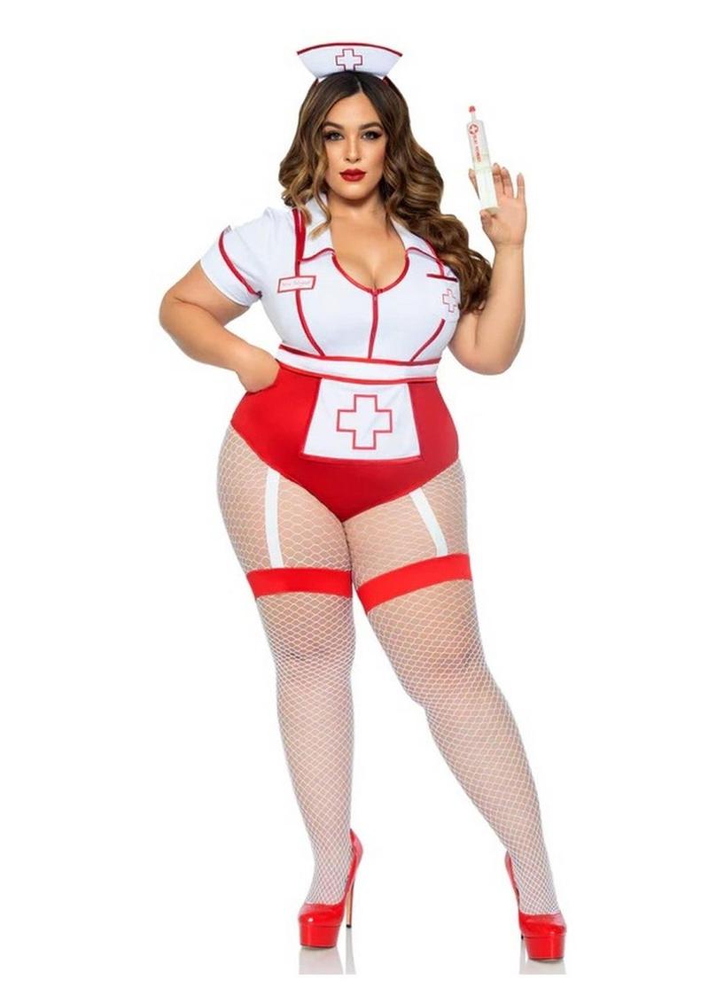 Leg Avenue Nurse Feelgood Snap Crotch Garter Bodysuit with Attached Apron and Hat Headband - Red/White - Queen/XLarge/XXLarge - 2 Piece