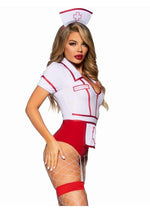 Leg Avenue Nurse Feelgood Snap Crotch Garter Bodysuit with Attached Apron and Hat Headband - Red/White - Large - 2 Piece