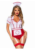 Leg Avenue Nurse Feelgood Snap Crotch Garter Bodysuit with Attached Apron and Hat Headband - Red/White - Small - 2 Piece