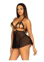 Leg Avenue Open Cup Eyelash Lace and Mesh Babydoll with Heart Ring Accent and Matching Panty