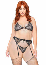 Rhinestone Eyelash Lace Bra Top Garter Belt and G-String