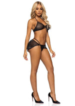 Leg Avenue Rhinestone Mesh Bra Top with Ring Accent, G-String Panty and Matching Sarong - Black - Medium - 3 Pieces