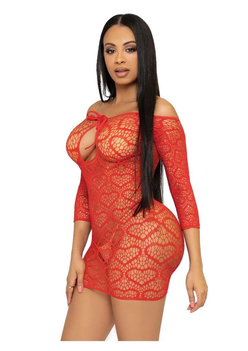 Leg Avenue Seamless Heart Net Mini Dress with Keyhole Tie Front - Red - One Size