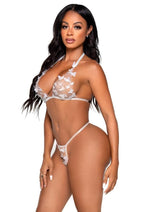 Leg Avenue Sheer Butterfly Applique Bra Top and G-String Panty - White - Small - 2 Pieces