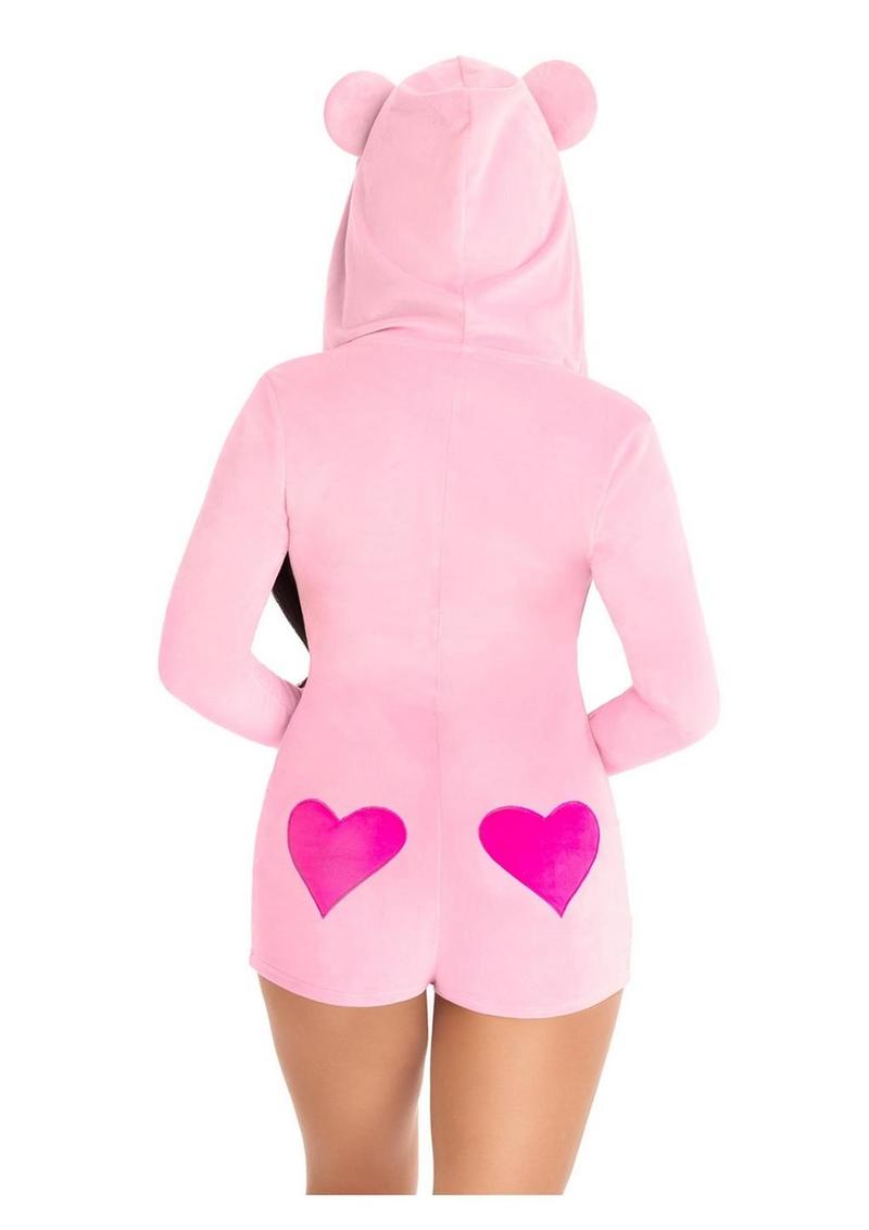 Leg Avenue Sweetheart Bear Velvet Zip Up Romper with Heart Accent - Pink - Medium