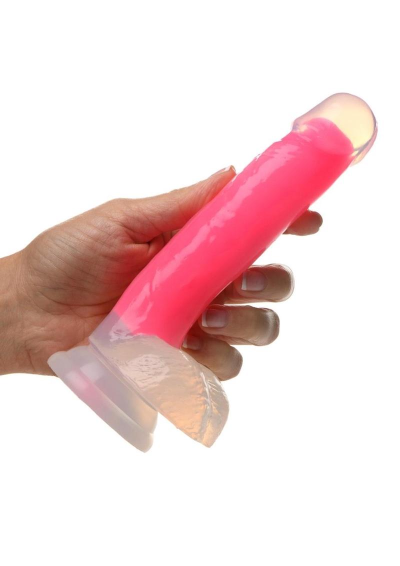 Lollicock Glow In The Dark Silicone Dildo with Balls - Glow In The Dark/Pink - 7in