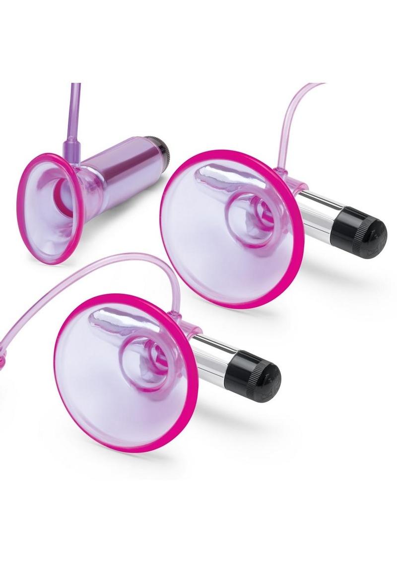 Lux Fetish Vibrating Nipple Suckers with Clitoral Pump and Quick Release - Purple/Silver