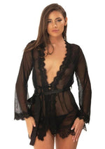 Oh LA LA Provence Short Sheer Robe - Black - Large/XLarge
