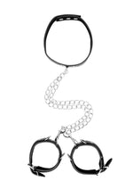 Ouch! Bonded Leather Collar with Hand Cuffs and Leash - Black