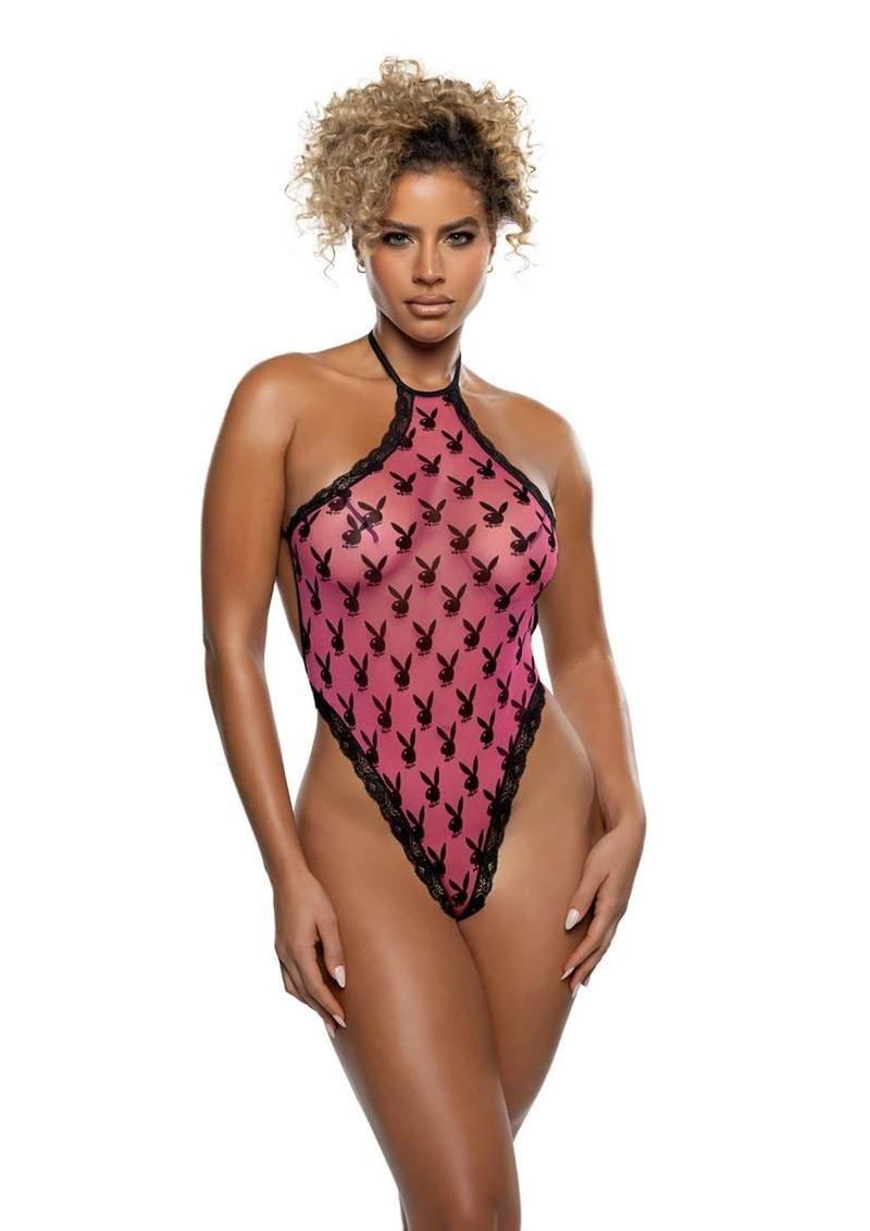 Playboy Ravishing Bunny Halter Teddy - Hot Pink/Pink - One Size