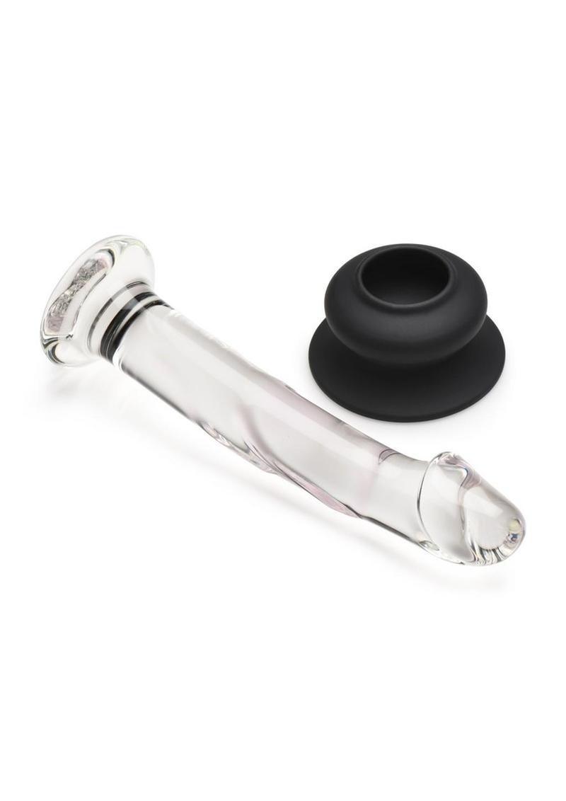 Pleasure Crystals Glass Dildo with Silicone Base - Black/Clear - 7in