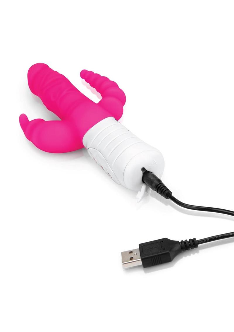 Rabbit Essentials Silicone Rechargeable Slim Realistic Double Penetration Rabbit Vibrator - Hot Pink/Pink