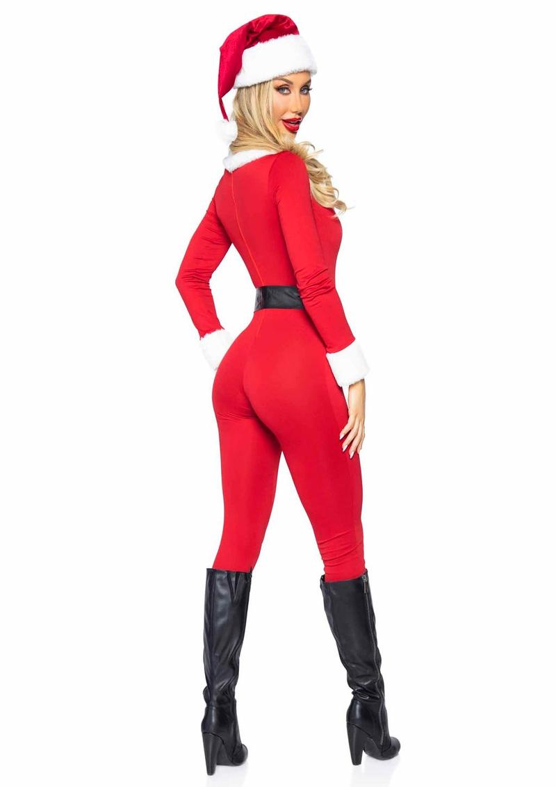 Santa Baby Spandex Jumpsuit with Fur Trim, Belt and Santa Hat - Red/White - XLarge - 3 Pieces