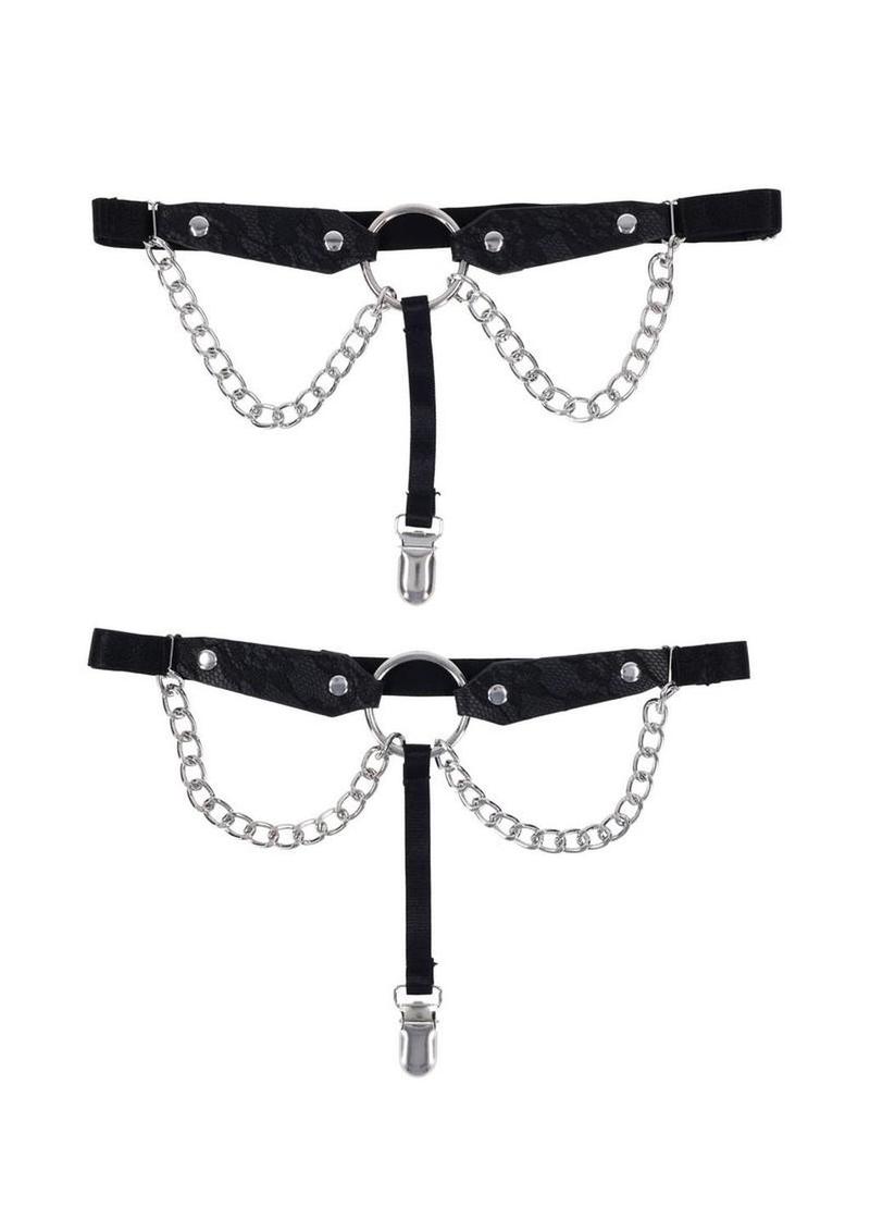 Sex and Mischief Chain Lace Garters - Black/Silver