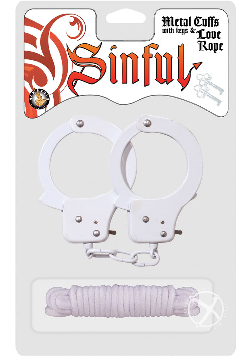 Sinful Metal Cuffs with Keys and Love Rope - Metal/White