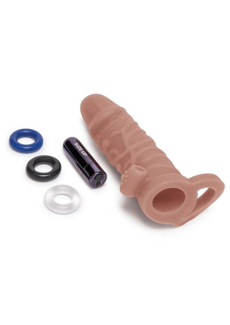 Size Up Silicone Vibrating Realistic Penis Extender with Ball Loop - Caramel - 1in