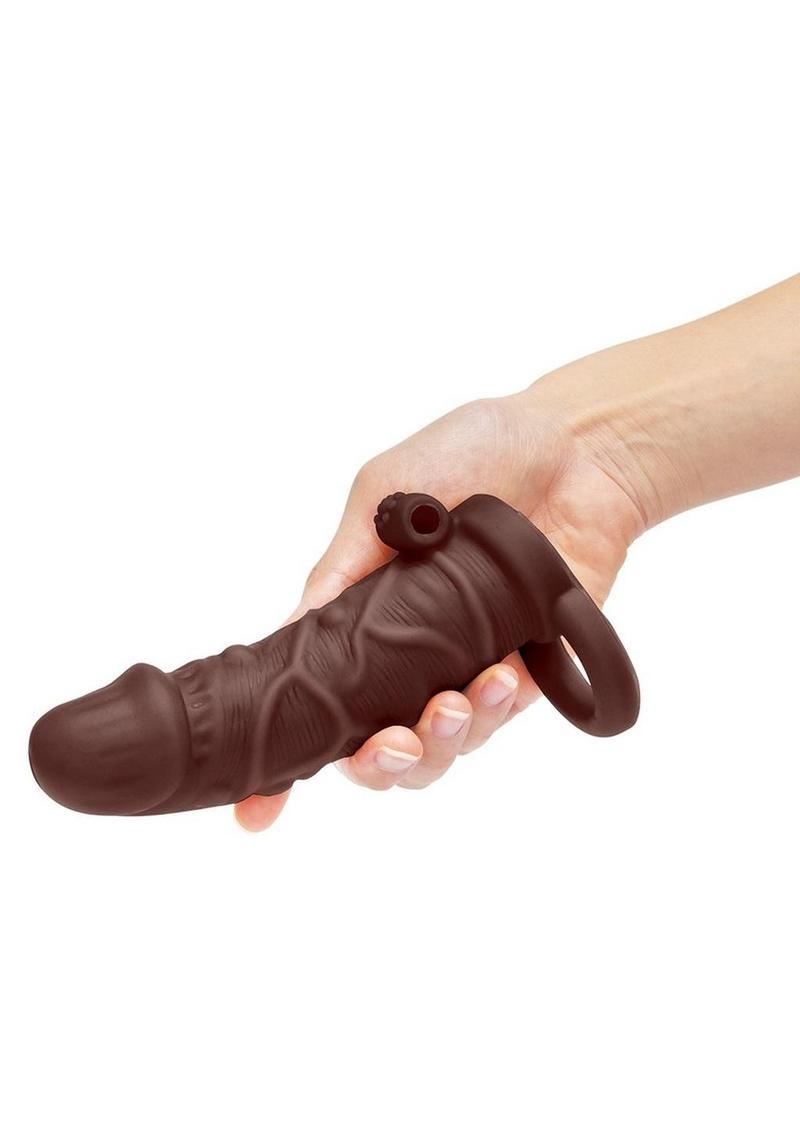 Size Up Silicone Vibrating Realistic Penis Extender with Ball Loop - Chocolate - 1in