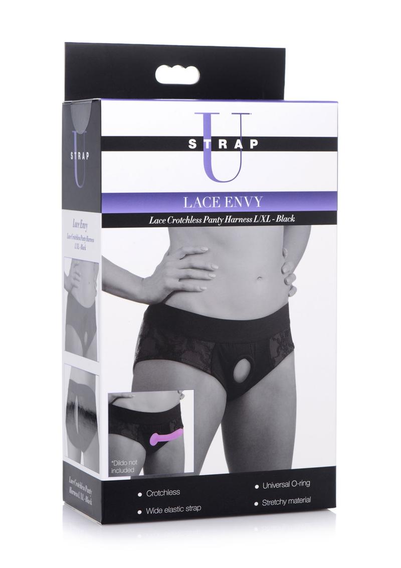 Strap U Lace Envy Black Crotchless Panty Harness - L/XL
