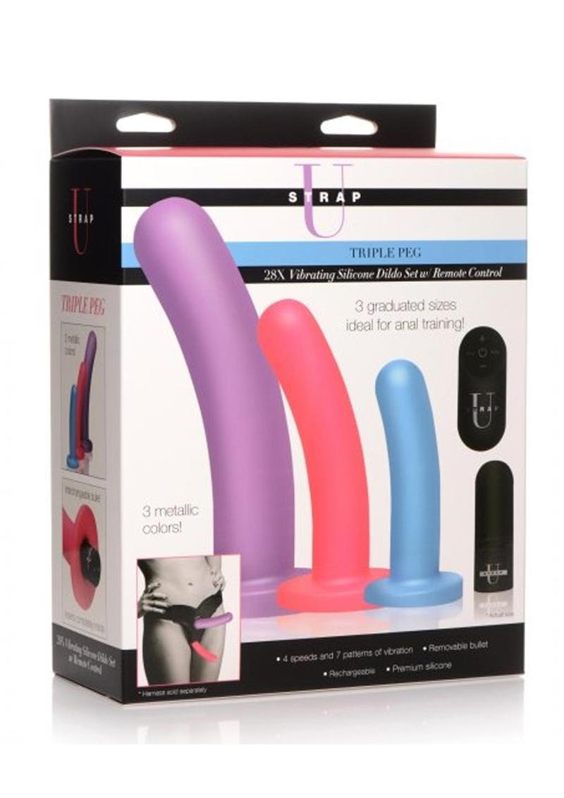 Strap U Triple Peg 28x Vibrating Rechargeable Silicone Dildo Set with Remote Control