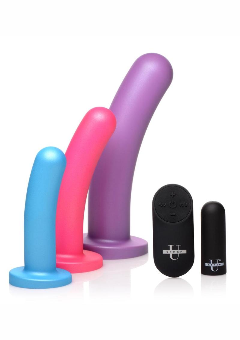 Strap U Triple Peg 28x Vibrating Rechargeable Silicone Dildo Set with Remote Control