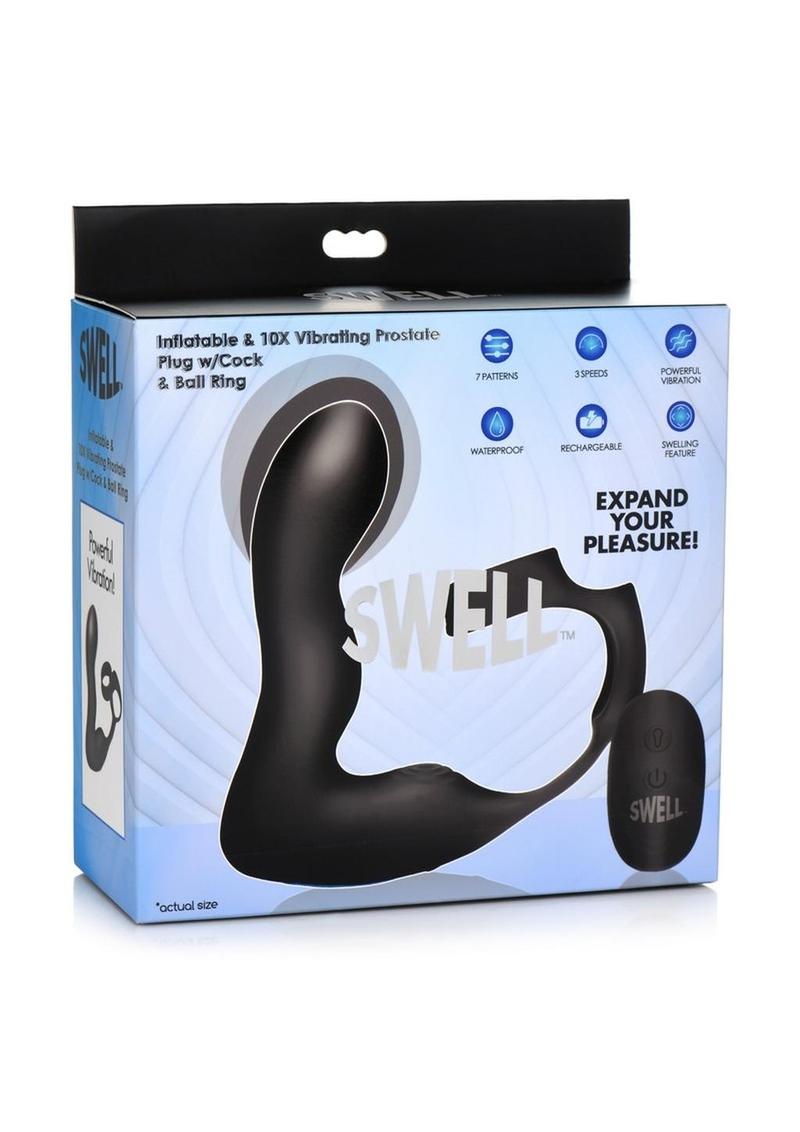 Swell Rechargeable Silicone Inflatable 10x Vibrating Prostate Plug with Cock and Ball Ring and Remote Control