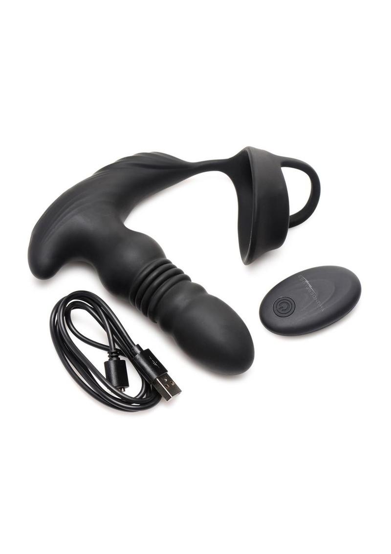 Thunder Plugs Rechargeable 10x Thrusting Silicone Vibrator with Cock and Ball Strap - Black