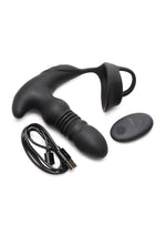 Thunder Plugs Rechargeable 10x Thrusting Silicone Vibrator with Cock and Ball Strap - Black